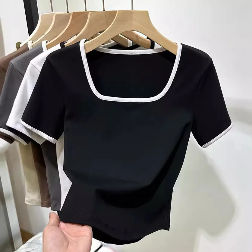 Splice Low Cut Korean Fashion T-shirts Women Slim Sexy Kpop Crop Tops Vintage Y2K Gothic Kawaii Cheap Clothes Woman Tshirts