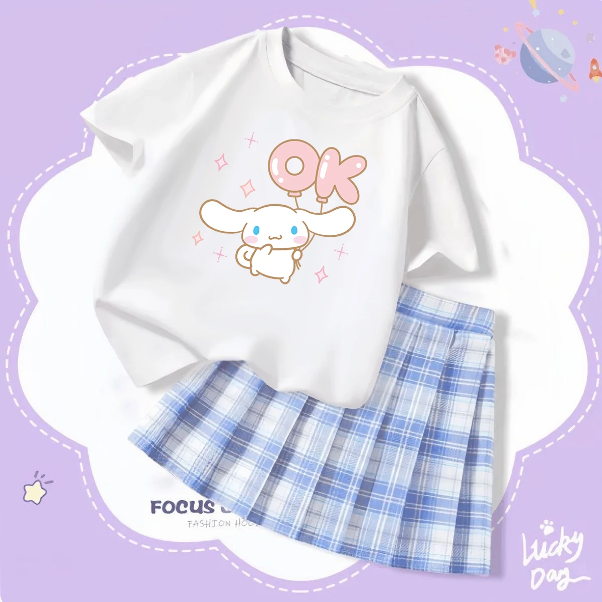 

New Sanrio Hello Kitty Cinnamoroll Children's T-Shirt Skirt Anime Kuromi My Melody Summer Cute Girls T-Shirt Jk Skirt Set Gift