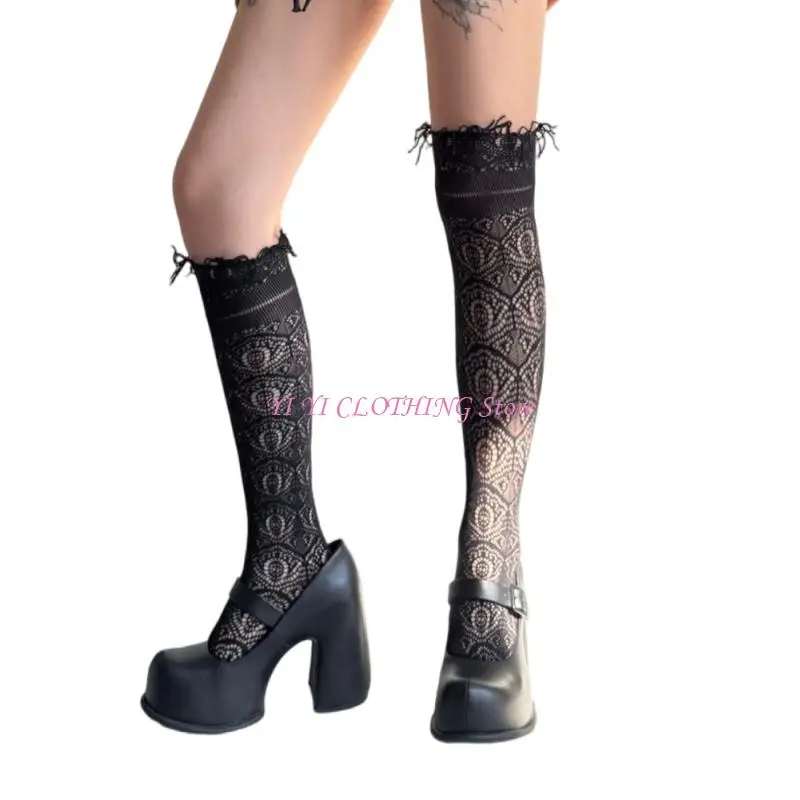 

N5kf кружевная текстура повседневные носки для средней длины кисточки hollowout jacquard long Носки