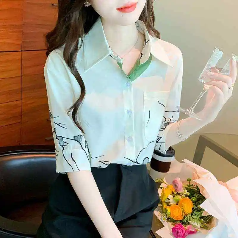 

Women's Collar ort Sve irt Casual Sle Cotton Blend Summer New Arrival Knot Print Embroidery Thin Fabric