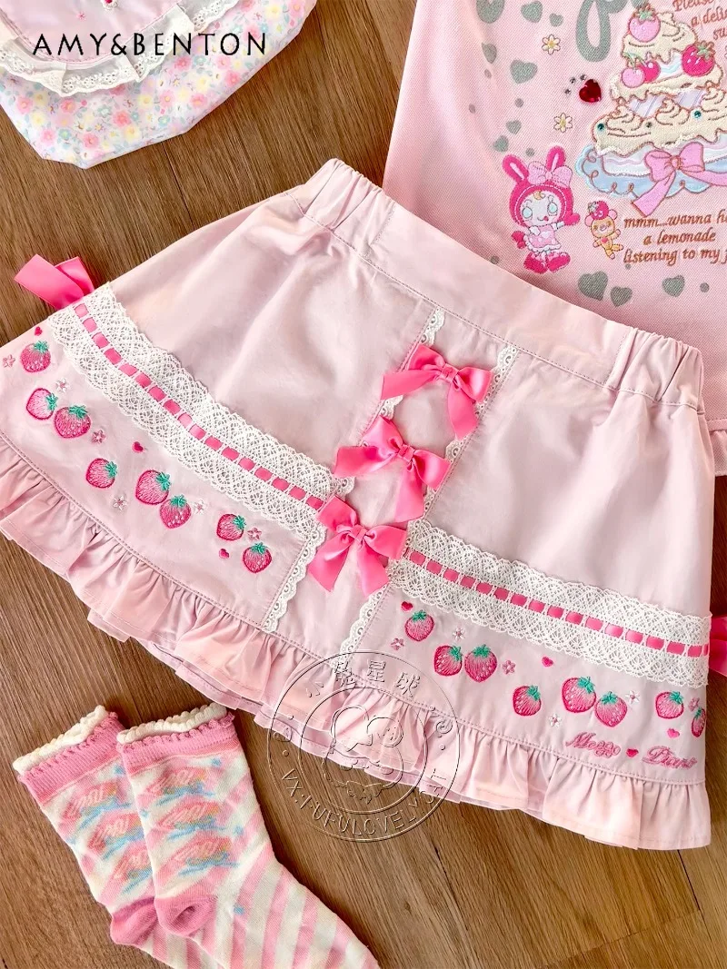 

Kawaii Mini Skirt Bowknot Strawberry Lace Heavy Embroidery Sweet Cute A-line Skirt Women Japanese Style Anime Girl Short Skirts
