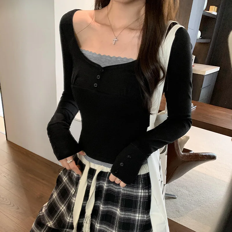 أسود وهمية قطعتين تقسم الداخلية أسفل قميص للنساء 2025 الربيع والخريف جديد بأكمام طويلة تي شيرت