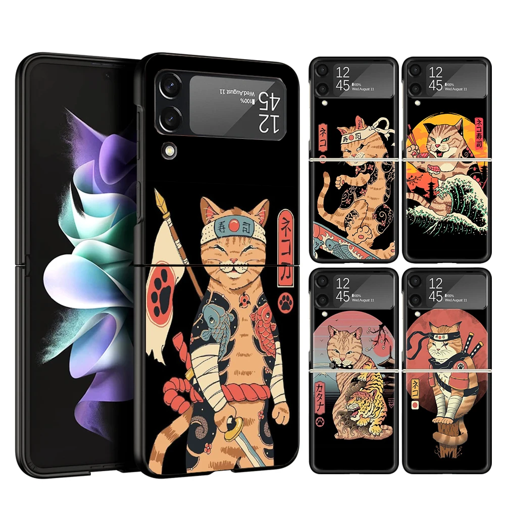 Ramen Sushi Samurai Tattoo Cat Cover Phone Case For Samsung Galaxy Z Flip 6 5 4 3 5G Flip6 Flip5 Flip4 Flip3 Black Hard Fundas S