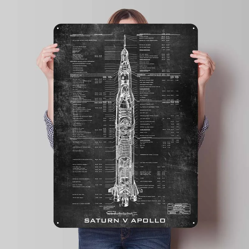 Apollo 11 Saturn V Bluepri Metal Sign Space Poster Gaming Room Decoration Tinplate Sign Plaque for Wall Art Decoration Retro