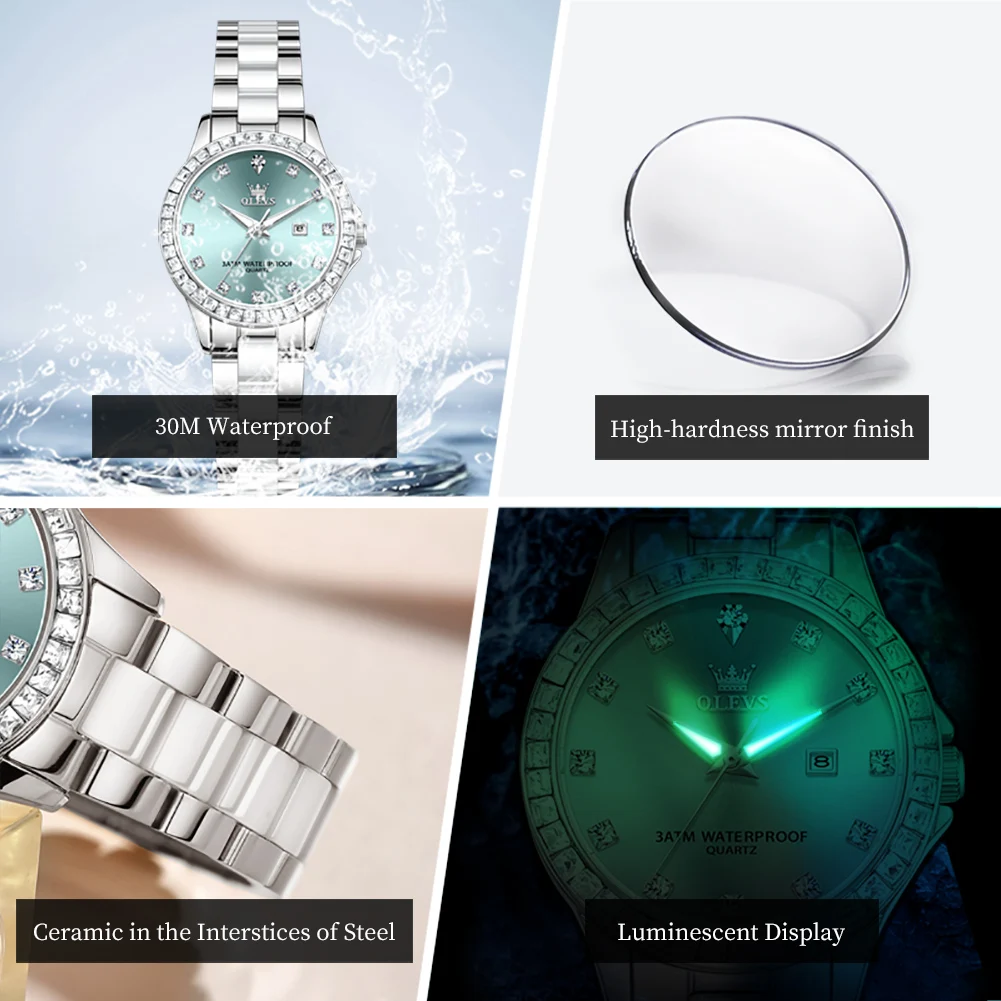 OLEVS ساعات نسائية أنيقة موضة السيراميك حزام الزركون الحافة الأصلية كوارتز ساعة اليد مقاوم للماء مضيئة تاريخ 3651 reloj