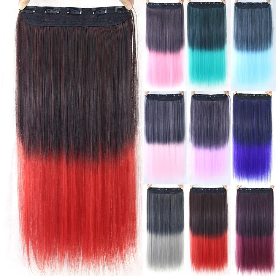 Synthetic Straight Fusion Clip in Hair Extensions Hairpins Ombre Red Hair One Piece Aplique De Cabelo Nephaar