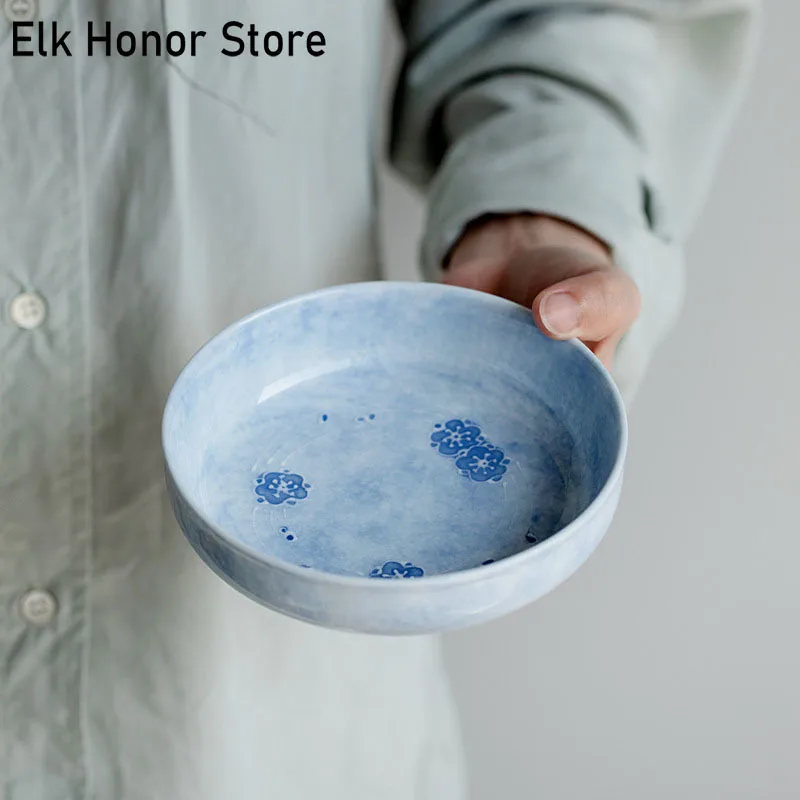 Pure Hand-painted Fog Blue Cherry Blossom Pot Bearing Ceramic Household Dry Brewing Small Tea Tray Cover Bowl Tray Fruit Plates