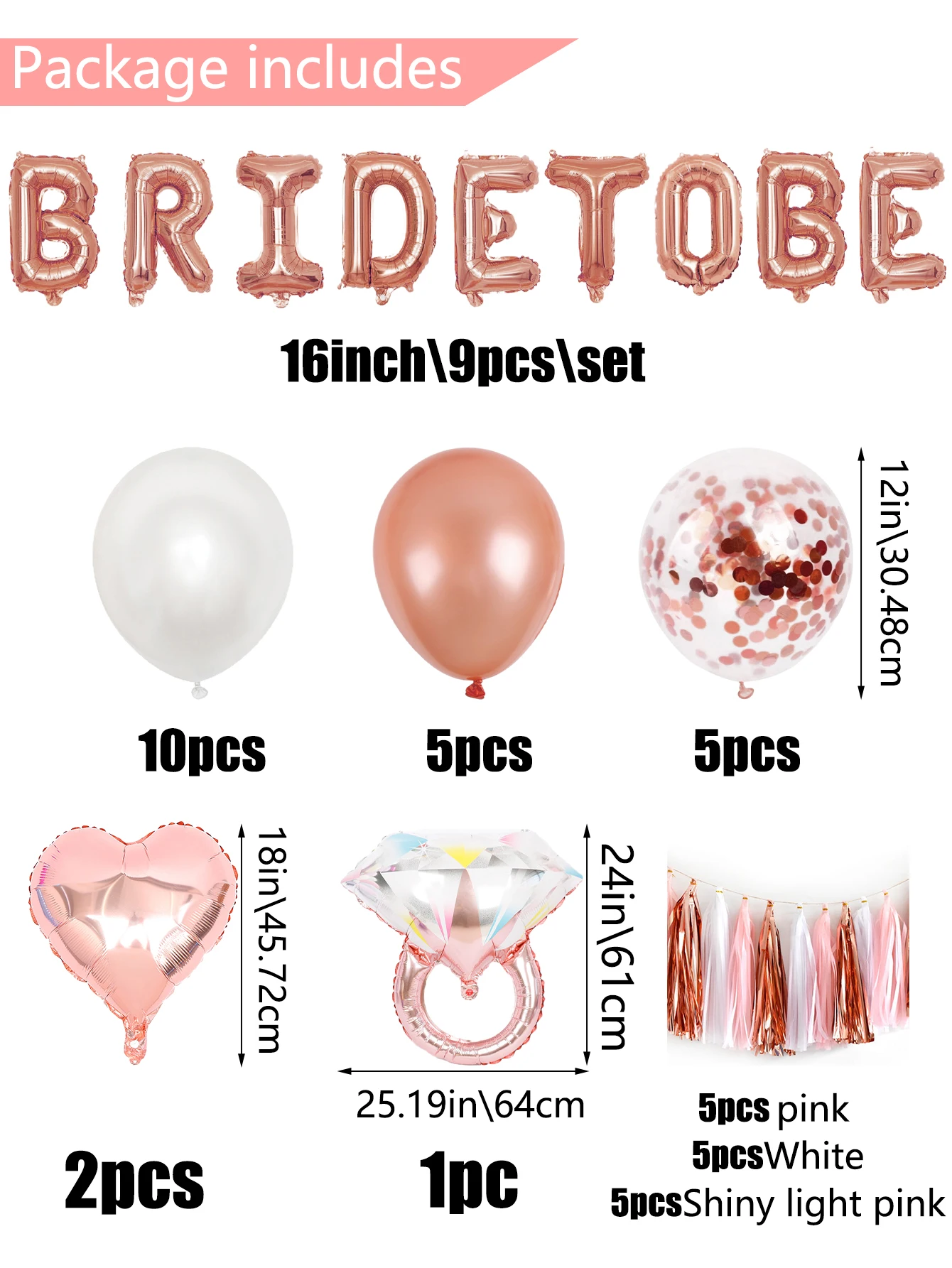 47-teiliges Set, roségoldenes Braut-Ballon-Set, 16-Zoll-Buchstabenballon „BRIDE TO BE“, Ring-Folienballon, Junggesellinnenabschied, Hochzeitsfeier – Detail 8
