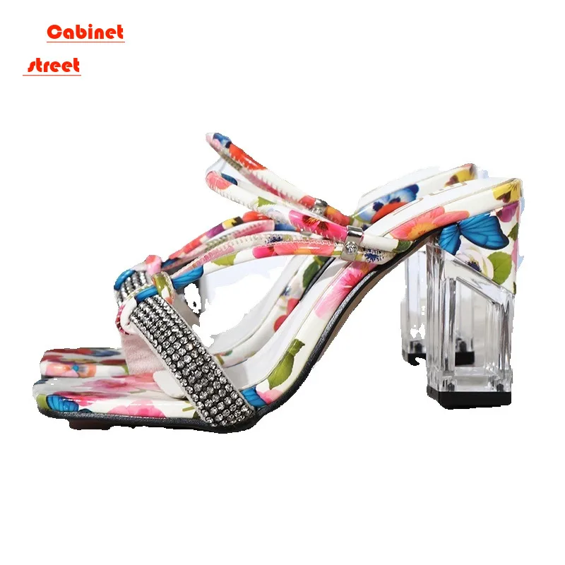 

2024 Summer New Two Wear Women's Fashion Coarse Heels Sandals Rhine-diamond Trend A Word with Open Toe Large Size High Heels