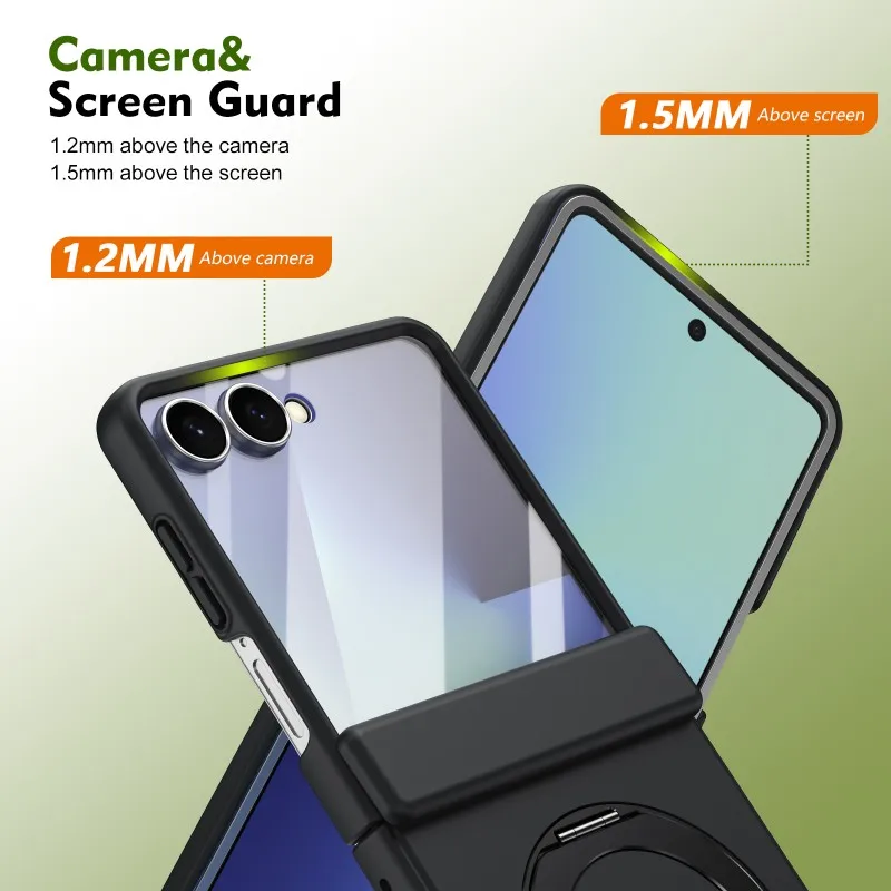 

For Samsung Galaxy Z Flip 7 6 5 phone case with tempered glass, rotating magnetic alloy stand, fingerprint resistant