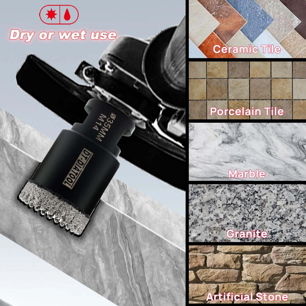 DT-DIATOOL Fliesenbohrer-Set 10-teilig Lochsäge Fräs- und Abschrägungsbits Sechskant 125mm Schneidscheiben für Keramik Marmor Granit M14 Gewinde – Detail 3