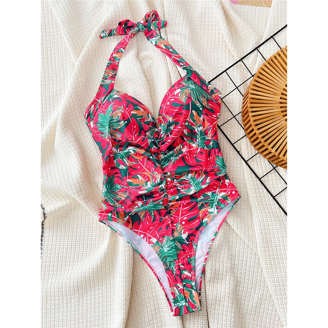 Bedruckter Neckholder-Badeanzug mit V-Ausschnitt und integriertem BH, einteiliger Badeanzug für Damen, Monokini mit hohem Beinausschnitt, Badebekleidung, Badeanzug, Modell V5739. – Detail 8