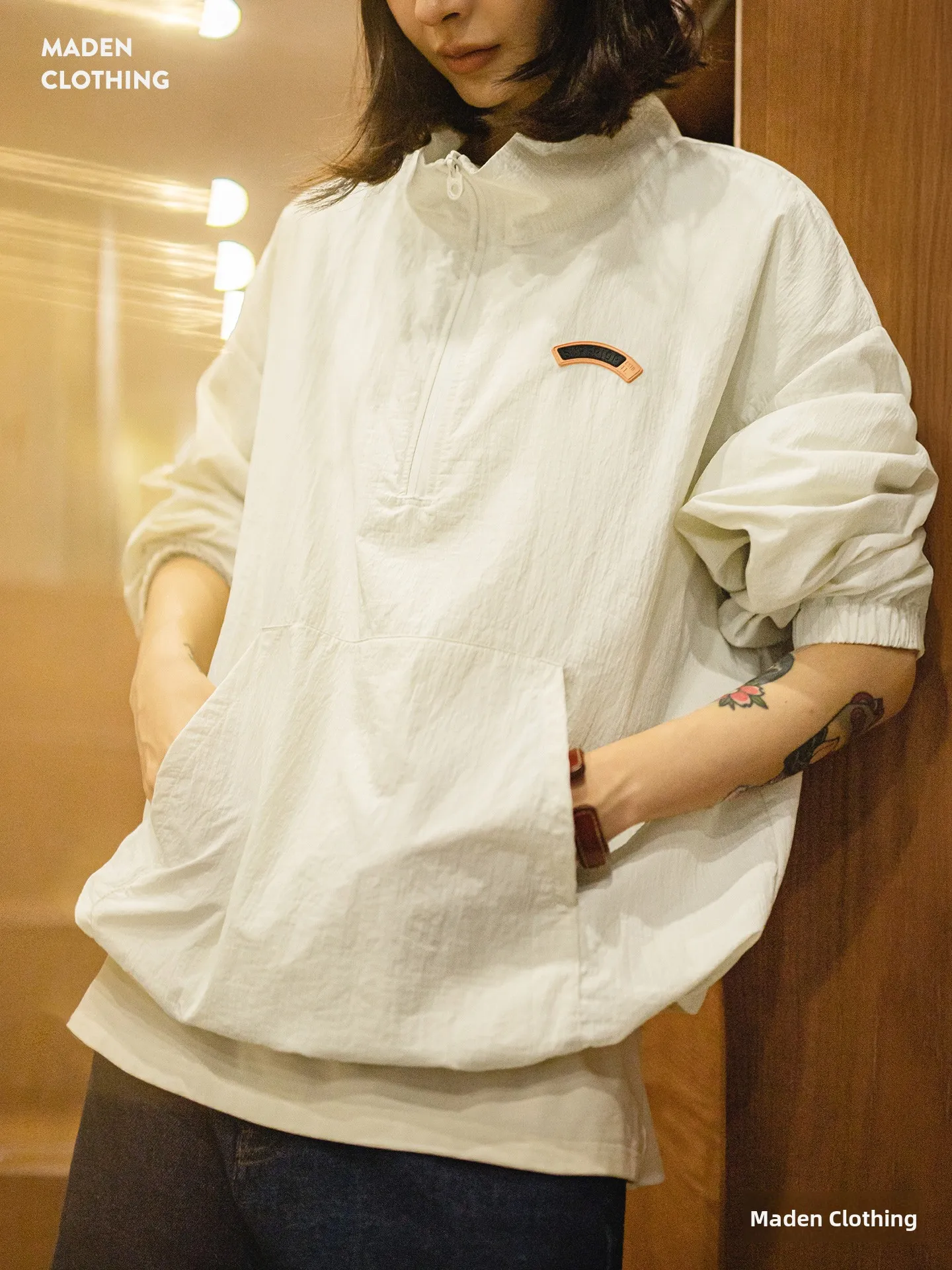 

Maden American Retro f Свободный дюймовый свитшот с воротником-стойкой на молнии, женское летнее спортивное пальто, нейлоновое длинное све