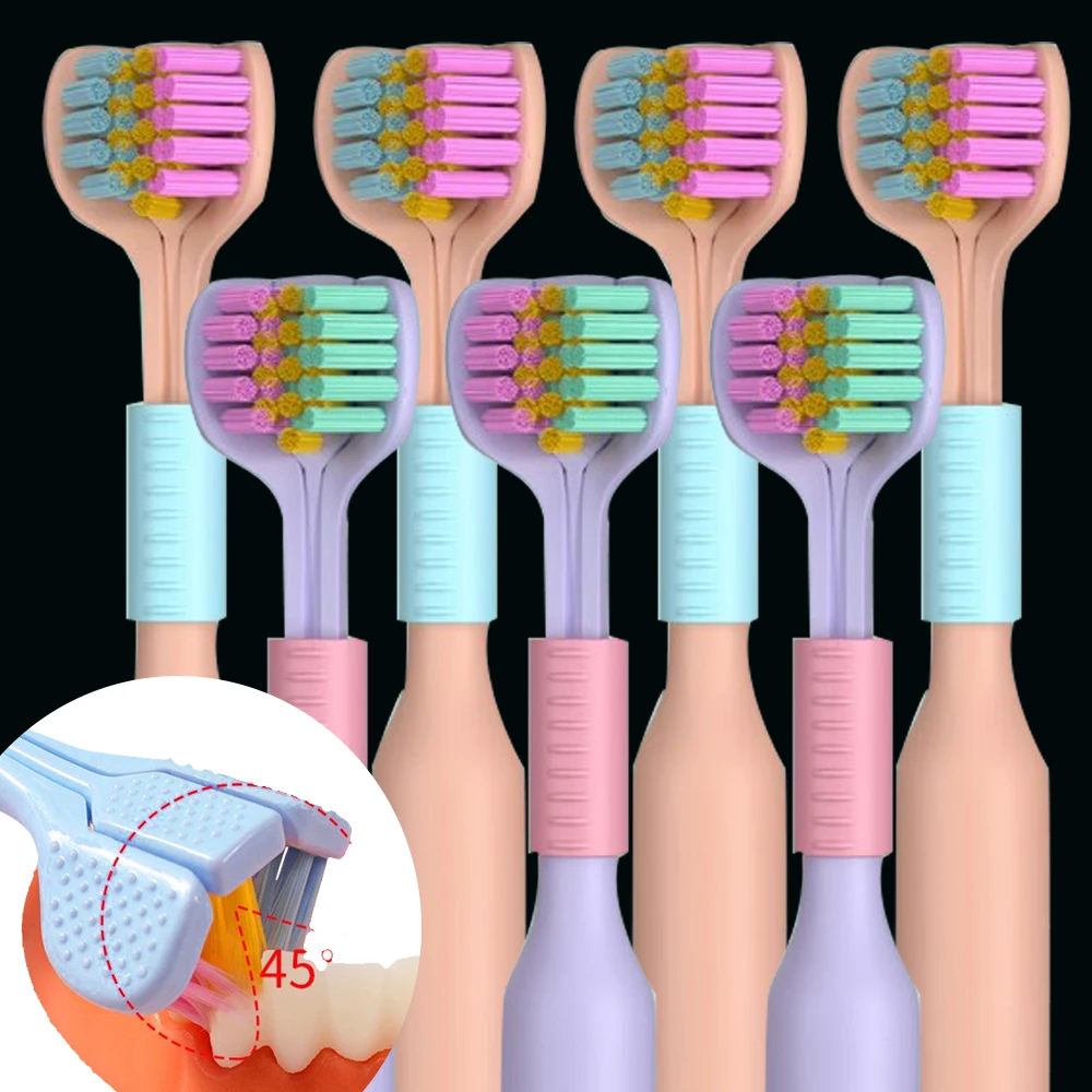 Brosse à dents à trois côtés pour adultes, grattoir à langue, poils souples, livres polyvalents 3D, soins bucco-dentaires respectueux de la cuillère à soupe