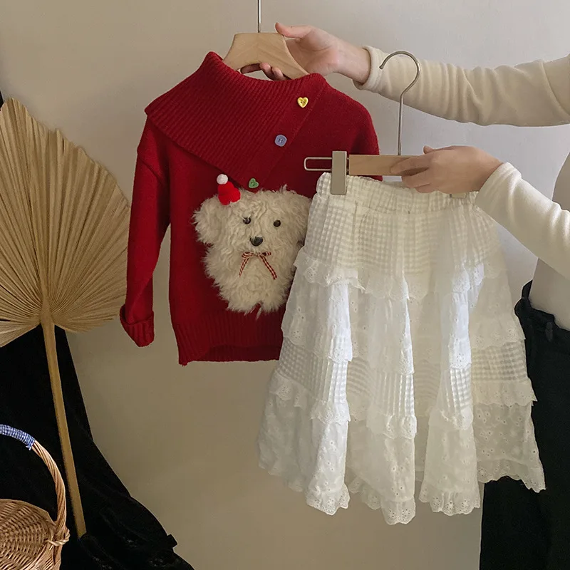 Baby Girls Sets Sweet Cartoon Dog Turn-down Collar Sweater Fashion Lace Cake Skirt 2025 Spring New Childrens Two Piece Sets