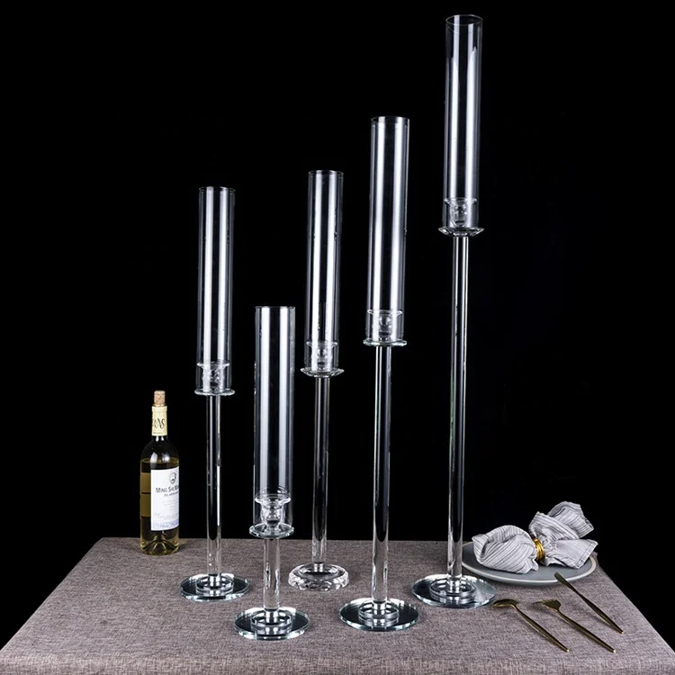 Black Crystal Glass Candle Holders Set Of 3 Bulk Cylinder Candlestick Holder Wedding Centerpiece