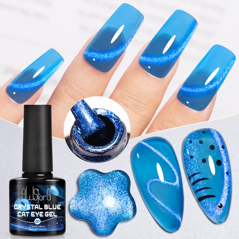 AWStorG 7,5ML Kristallblauer Katzenaugen-Gel-Nagellack Funkelnder Magnetischer UV-LED-Gel-Lack Schimmernder Glitzer-Effekt Aushärtbarer Nagel-Art-Lack