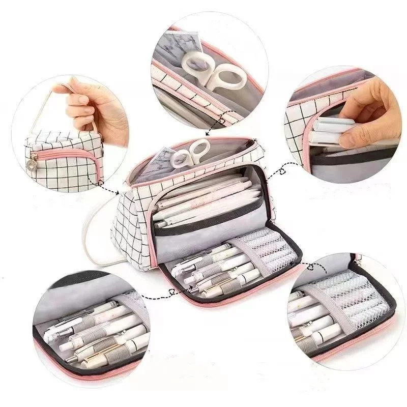 Child Stationary Pen Pencil Storage Bag Pen Bag Multi Layer Large Capacity Cosmetic Travel Storage Bag Simple Plaid Pencil Case