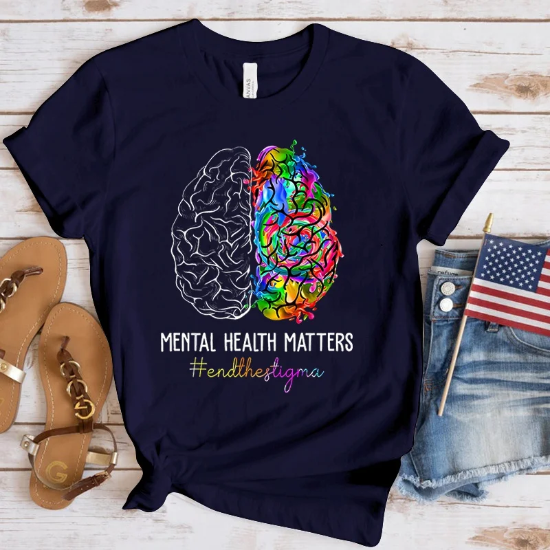 Mental Health Awareness Mental Health Matters Print Funny Short Sleeve T-Shirt Lady Casual Summer Shirt Fashion Women T Shirts