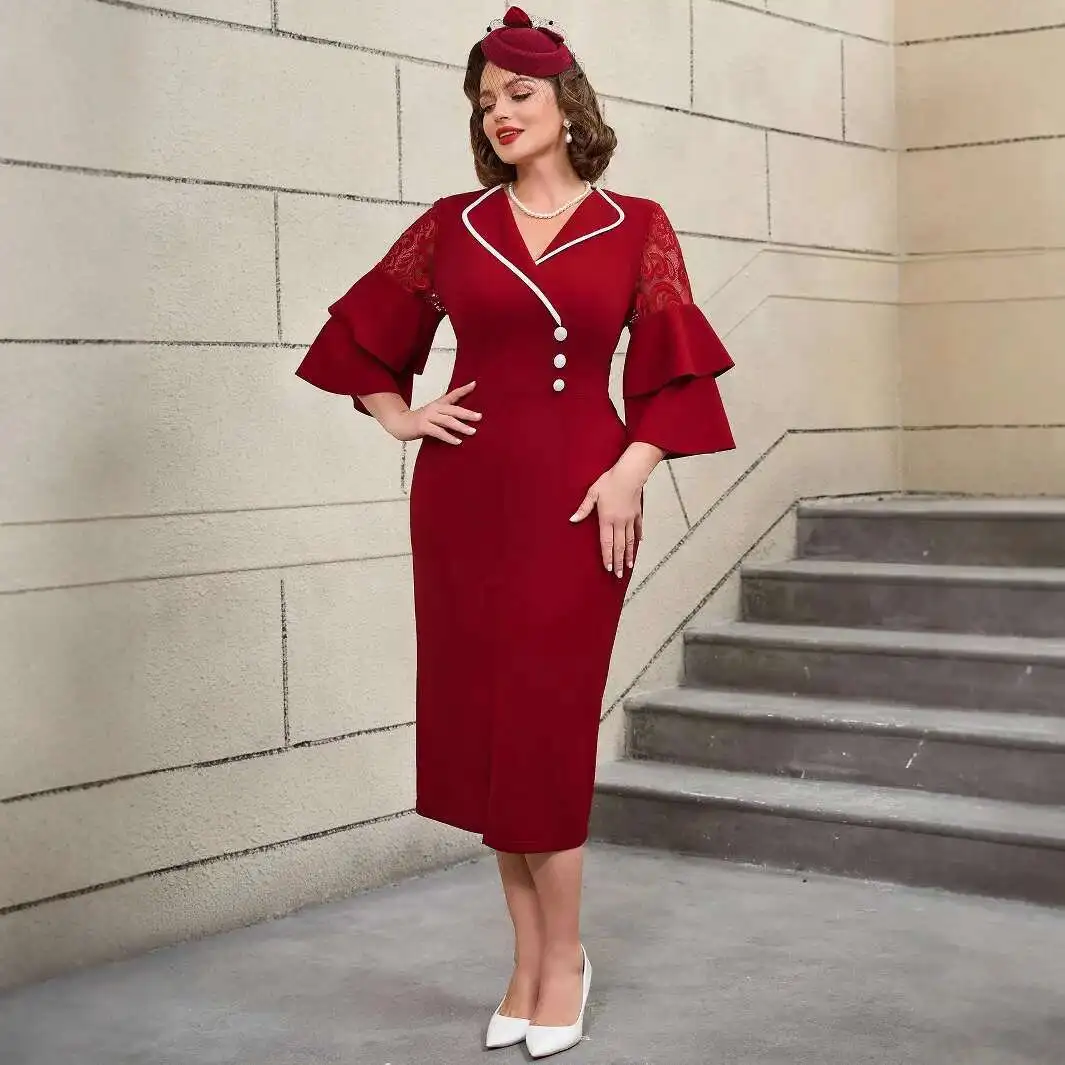 050131 Modna Sukienka Bodycon z Kołnierzykiem, Blokami Kolorów i Dzwony, Plus Size, Sukienka na Imprezę, Bankiet, Szata, Vestido, Damska Sukienka na Imprezę