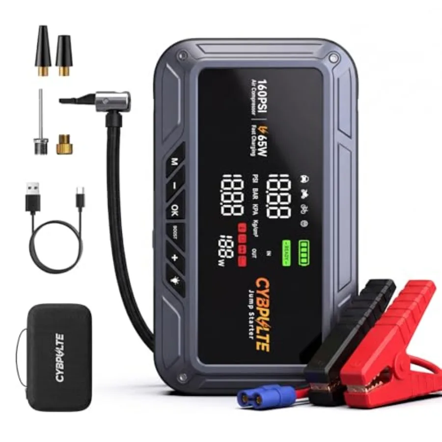 

Emergency jump starter with air compressor for cars ABS plastic black 8000A peak current 160 PSI pressure LCD display 65W USB-C