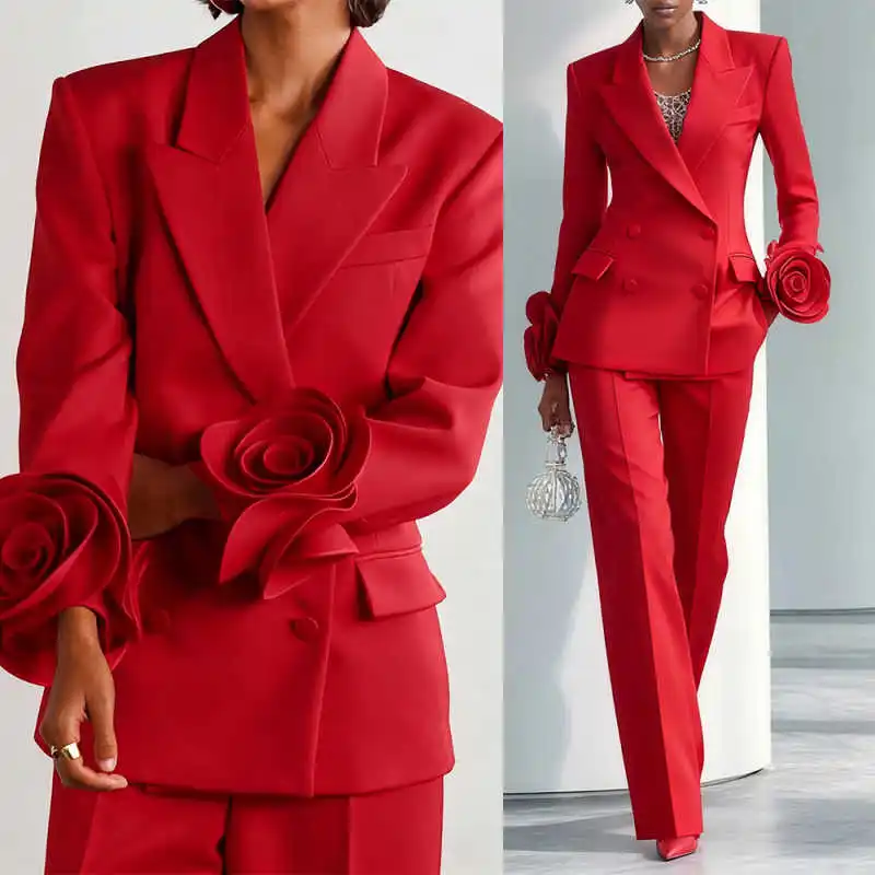 

Elegant 3D Flowers Women Suits Peaked Lapel Double Breasted Jacket Blazers Birthday Party Customized Outfits