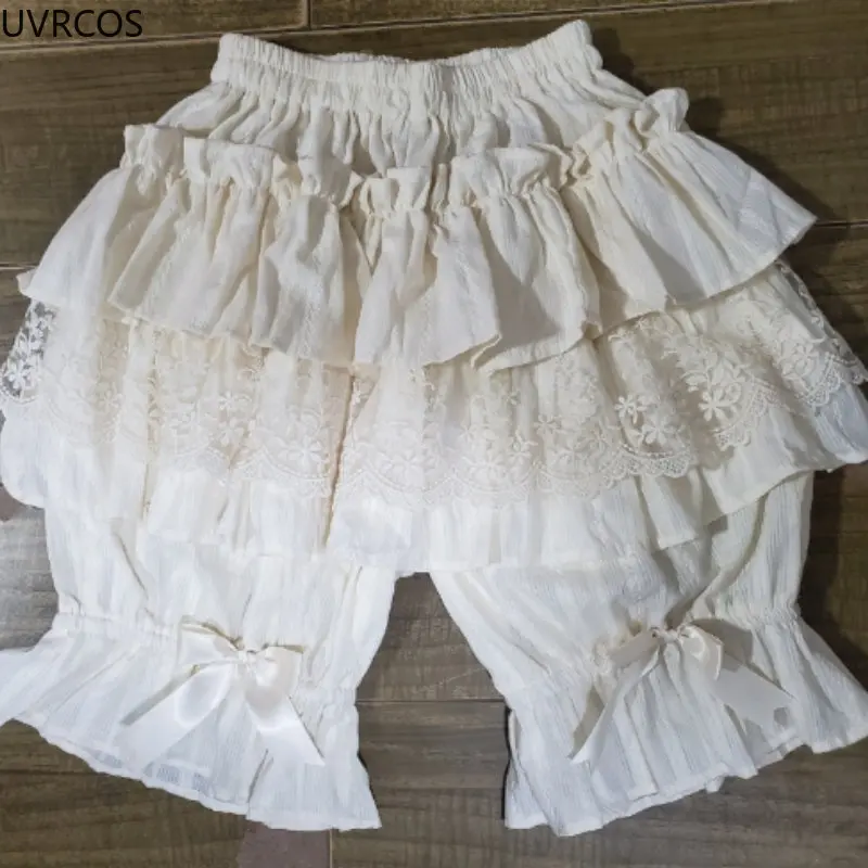 Black White Lolita Short Pants Women Lace Ruffled Cotton Pumpkin Panties Kawaii Bowknot Safety Shorts Pants Victorian Bloomers