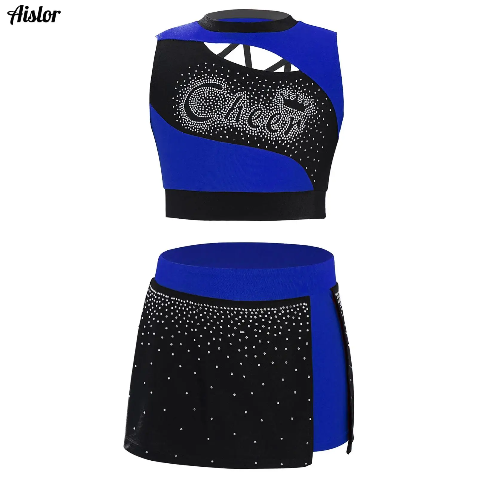Kids Girls Cheerleading Hip Hop Dance Outfit Uniform Sparkling Rhinestones Sleeveless Cutout Crop Top+Side Slit Skirt Streetwear