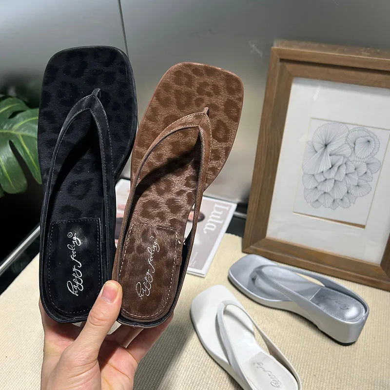 

Fashion Square Toe Ladies Slippers Sandals Female Wedges Shoes Pumps Summer Beach Heeled Slippers Slides Women Flip flops