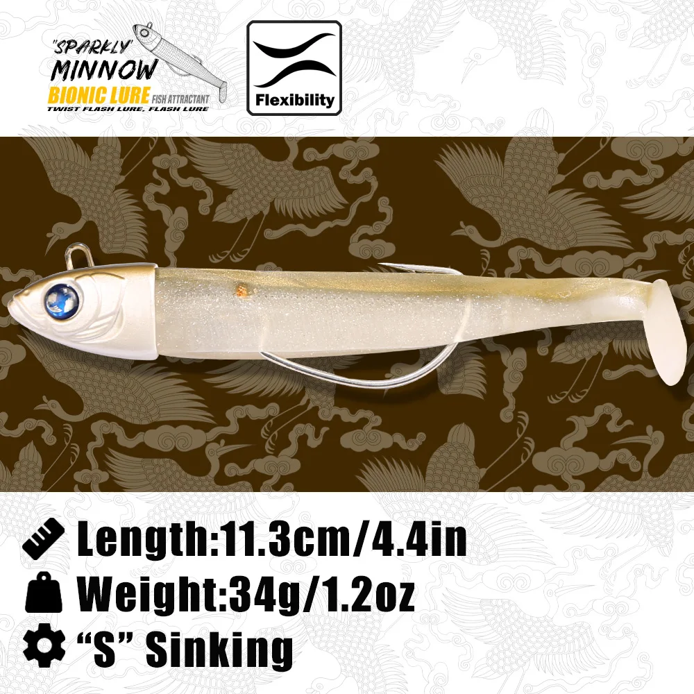 B&U Jighead Soft Fishing Lure, Bionic Swimbait with Fish Attractant & Treble Hooks, Saltwater Freshwater Lure for Bass, Pike