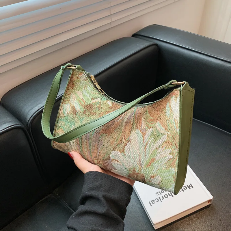 Fashion Vintage Women Oil Painting Design Shoulder Bags Ladies Simple Flower Female Armpit Hobos Bags Small Clutch Handbag Totes