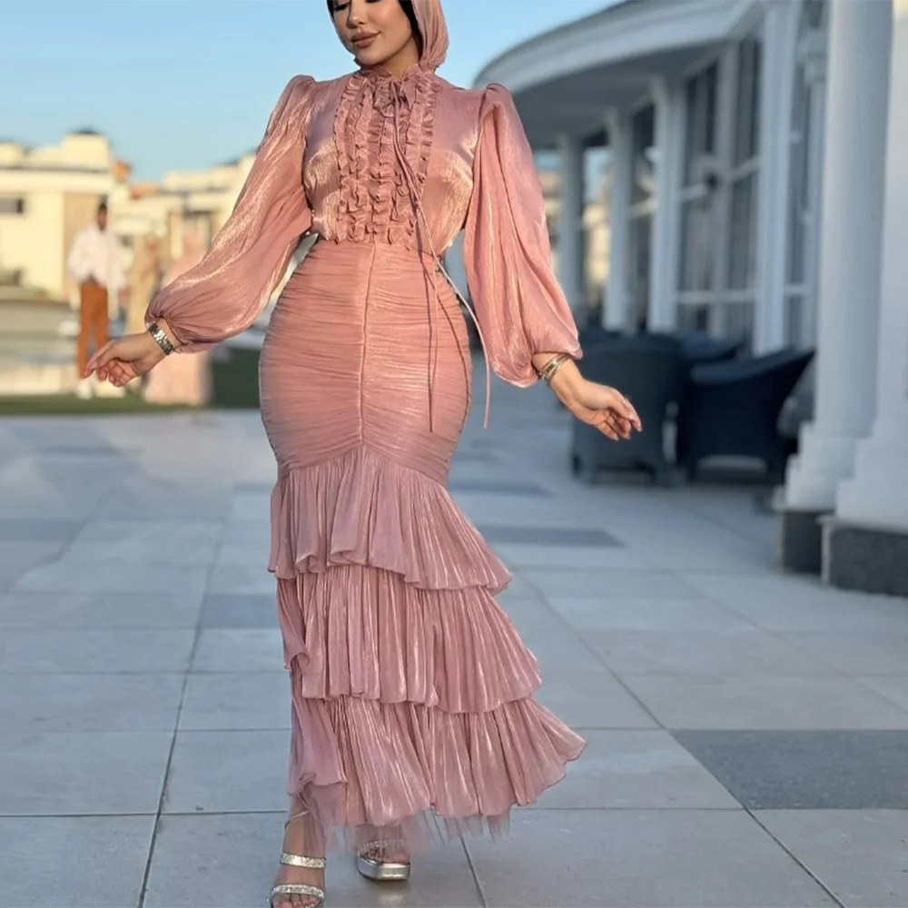 

Customized O-neck dubai Evening Dresses Full Sleeve Tiered Pleat mermaid Prom Dress Draped Moder Midi Muslim Dress for Women