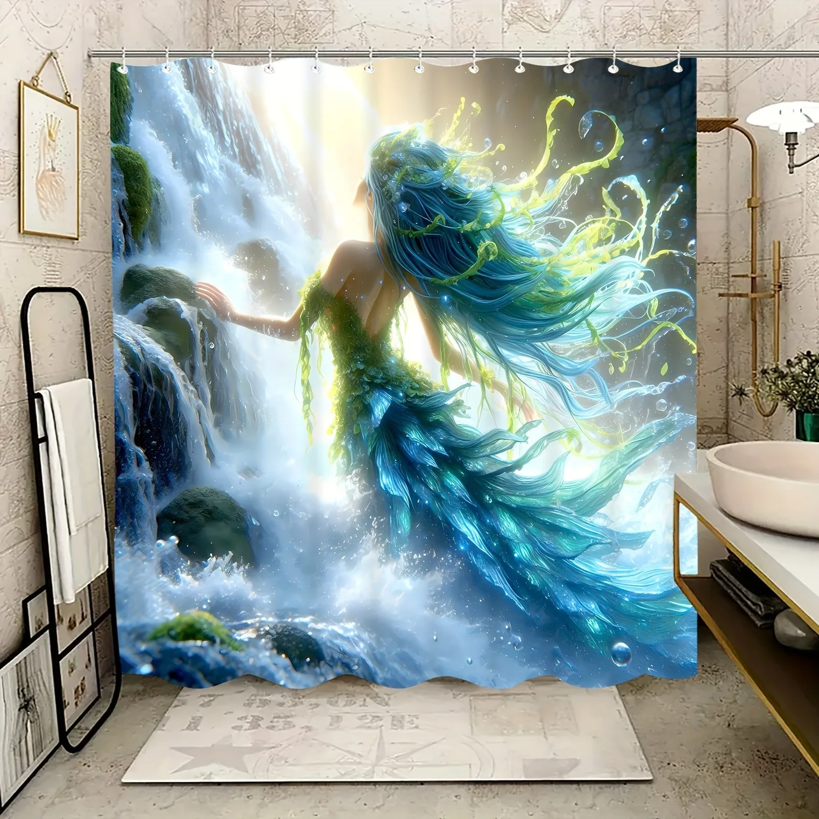 

Cartoon mermaid waterfall Shower Curtain Washable Dirt-Resistant Shower Head waterproof Polyester Bath Curtain For Home Decor