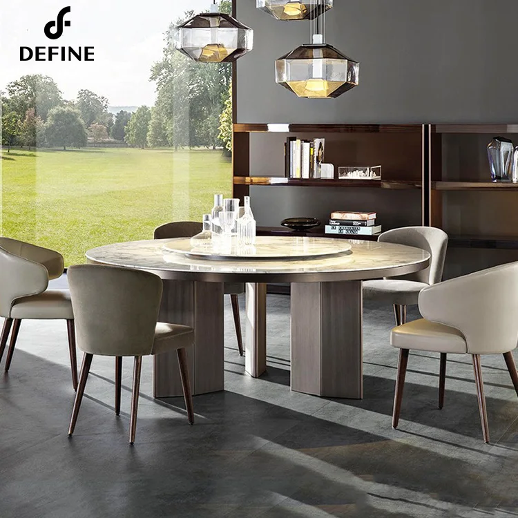 Modern Convertible Dining Table with White Round Sintered Stone Top Stainless Steel Pedestals Hotel School Use 10-Year Warranty