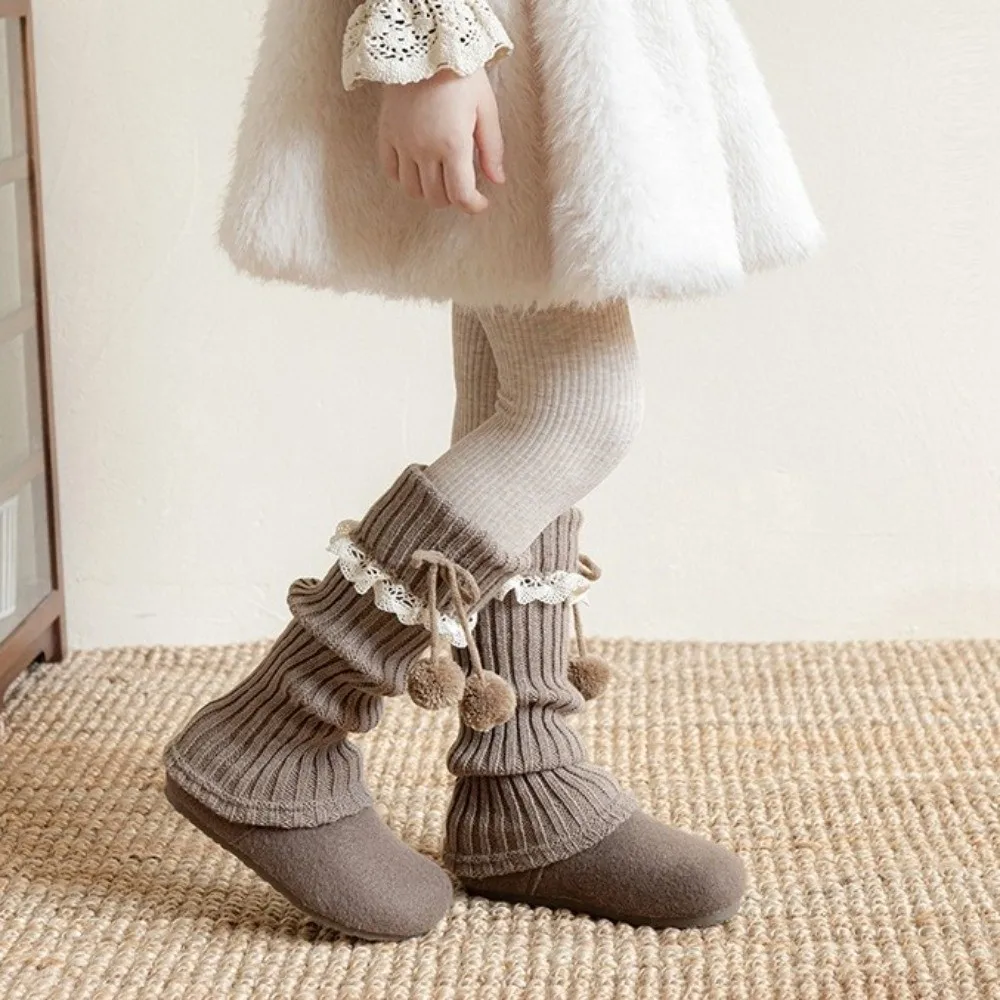 New Solid Color Leg Warmers Thickened Lolita Mid-Calf Sock Knitted Bow Pompom Hosiery Autumn and Winter