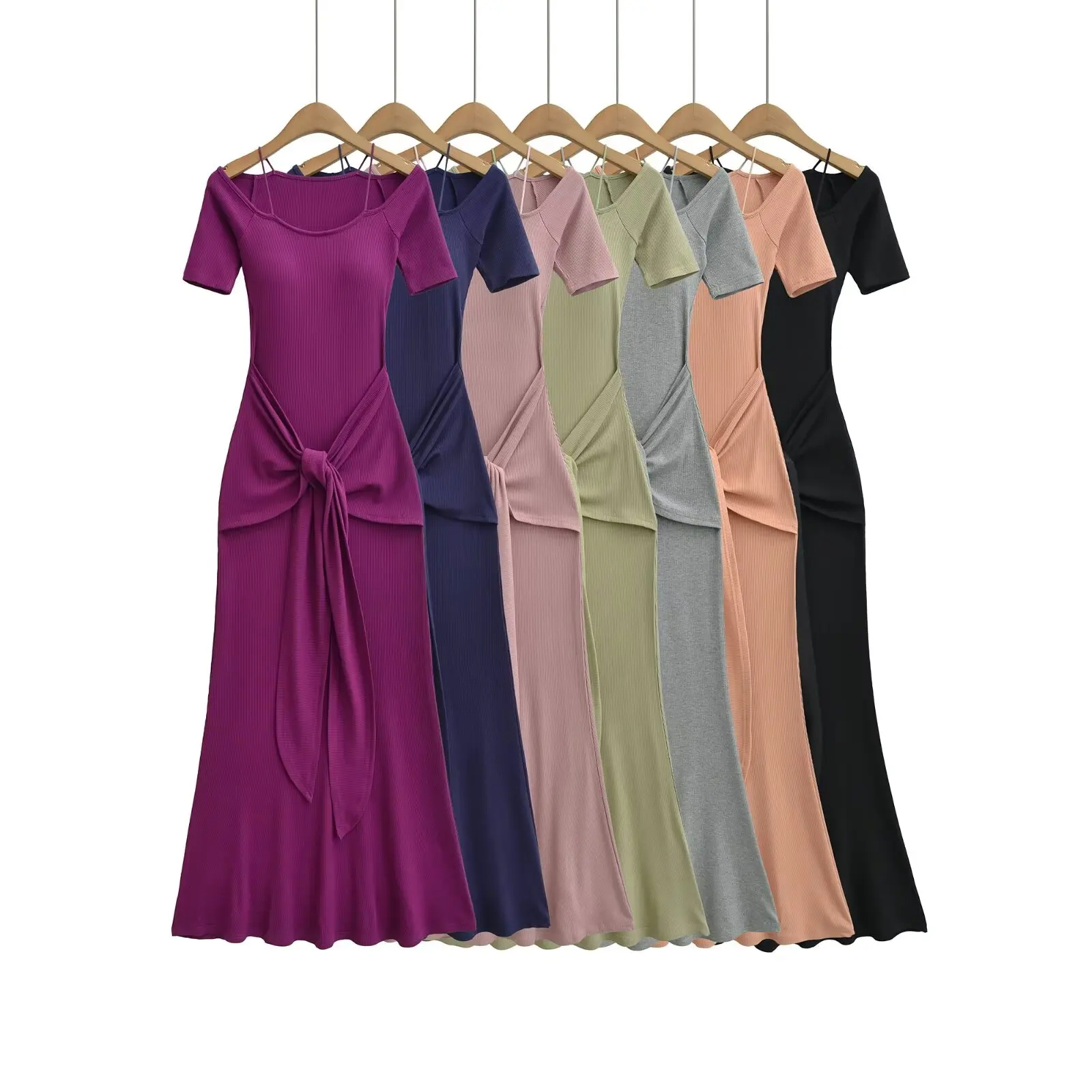 Slimming Purple Knitted Dress French Style Drawstring A-Line Silhouette Short Sleeve Casual Wear Fake Two-Piece Design