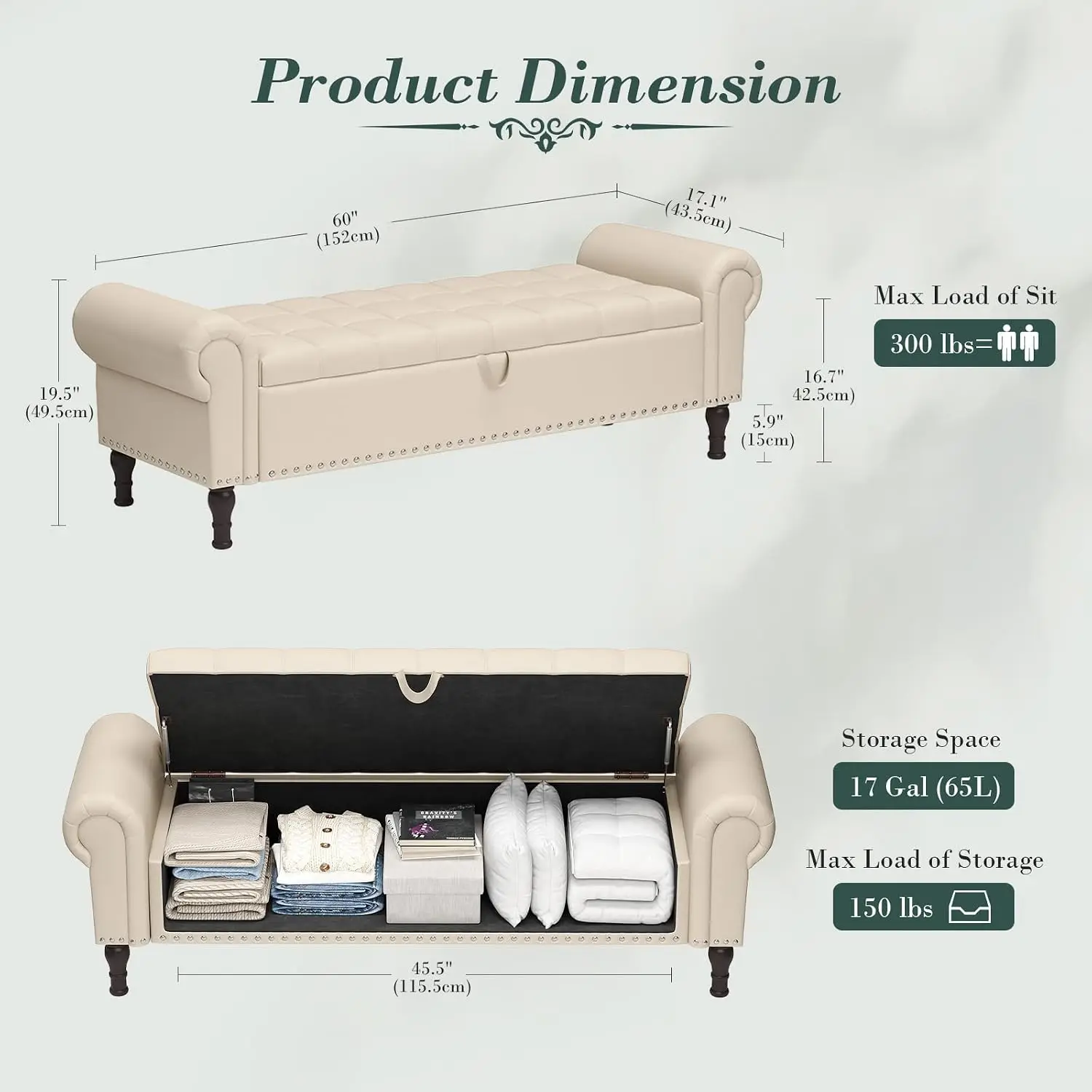 Faux Leather Storage Bench with Rolled Arm & Rivets, End of Bed Ottoman for Bedroom Living Room, 60 Inch, Customized