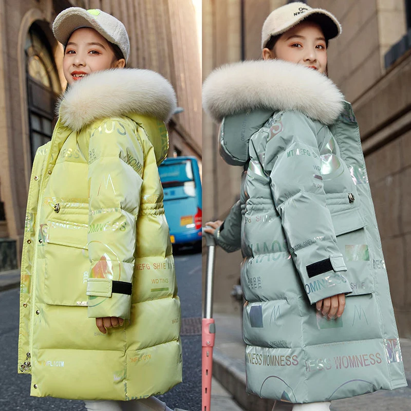 

6-14 Years Girls Down Jacket Winter Keep Warm Long Style Parka Hooded Zipper Fur Collar Girls Outerwear Christmas Kids Clothes