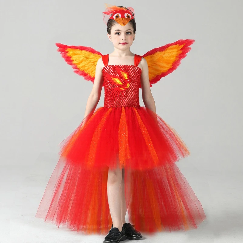 Red Phoenix Cosplay Costume Stage Performance Girls Animal Theme Party Fancy Kids Parrot Dress Up Tulle Tutu Dress with Wings