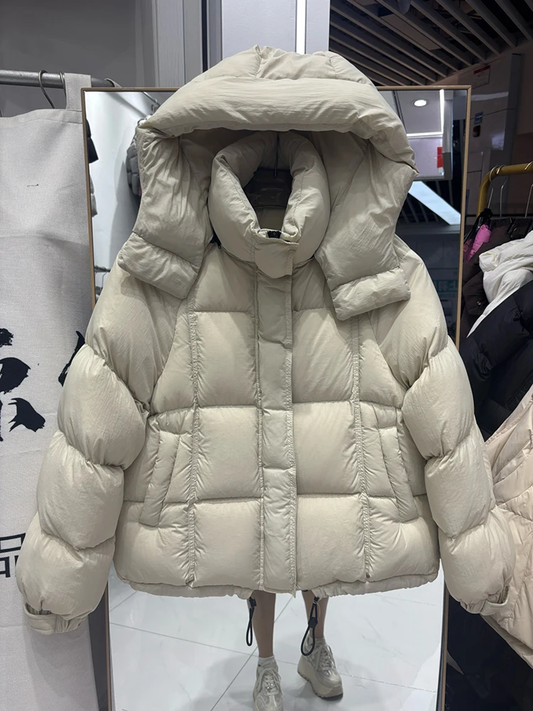 2025年冬新作 ダウンジャケット レディース ショート丈 フード付き クラウドパフ 厚手 無地 おしゃれ 多機能 パン風 ダックダウンコート