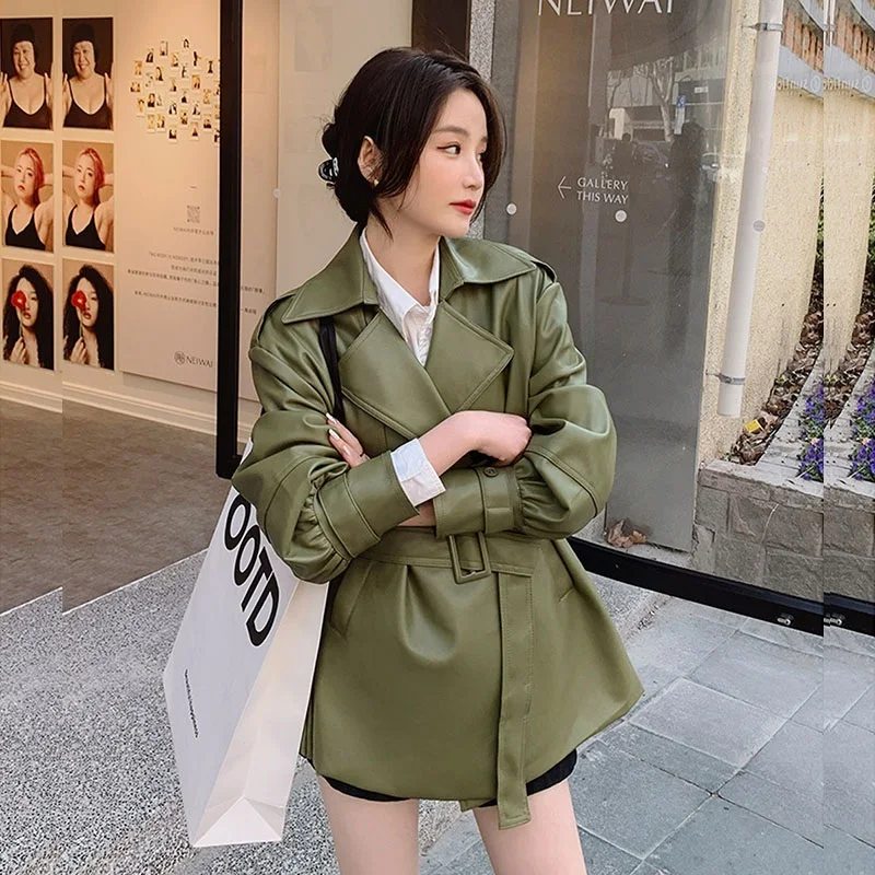 2024 Spring Women Casual Mid-length Green Faux PU Leather Jacket With Sashes Autumn Lapel Long-sleeve Pu Biker Jacket Streetwear