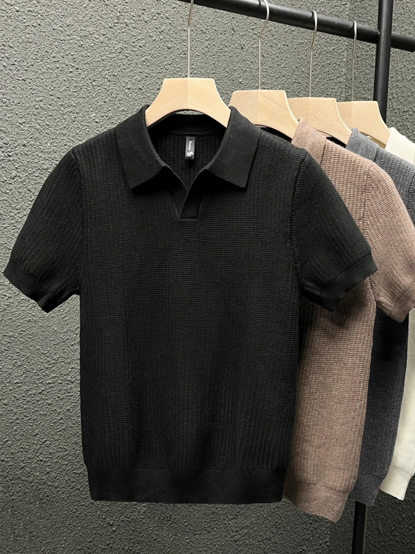 

Korean Sle Lightweight Luxury ort Sve Knitted irt Men's Trendy Pure Color Collared Sweater Spring Autumn High-End Fe...