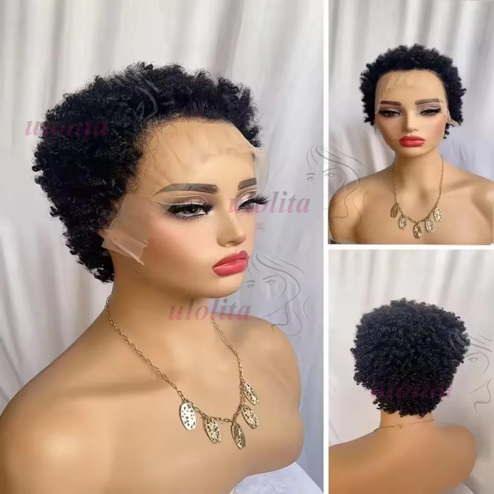 Premium 13x4 Lace Front Kurze Caterpillar Lockige Echthaarperücke in Naturfarbe aus brasilianischem Remy-Haar, geeignet für den täglichen Gebrauch von Frauen. – Detail 1