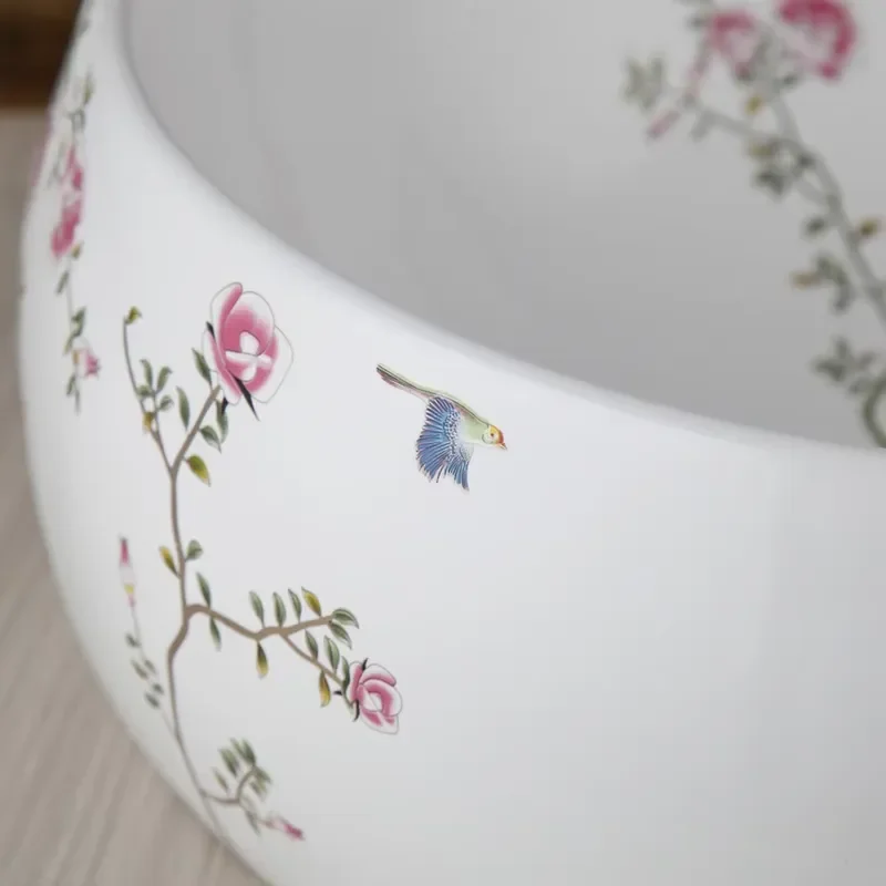 Modern Gold Mixed Faucet and Drain Set with Hand Painted Floral Ceramic Basin for Bathroom Sink Vanity Washbasin Combo