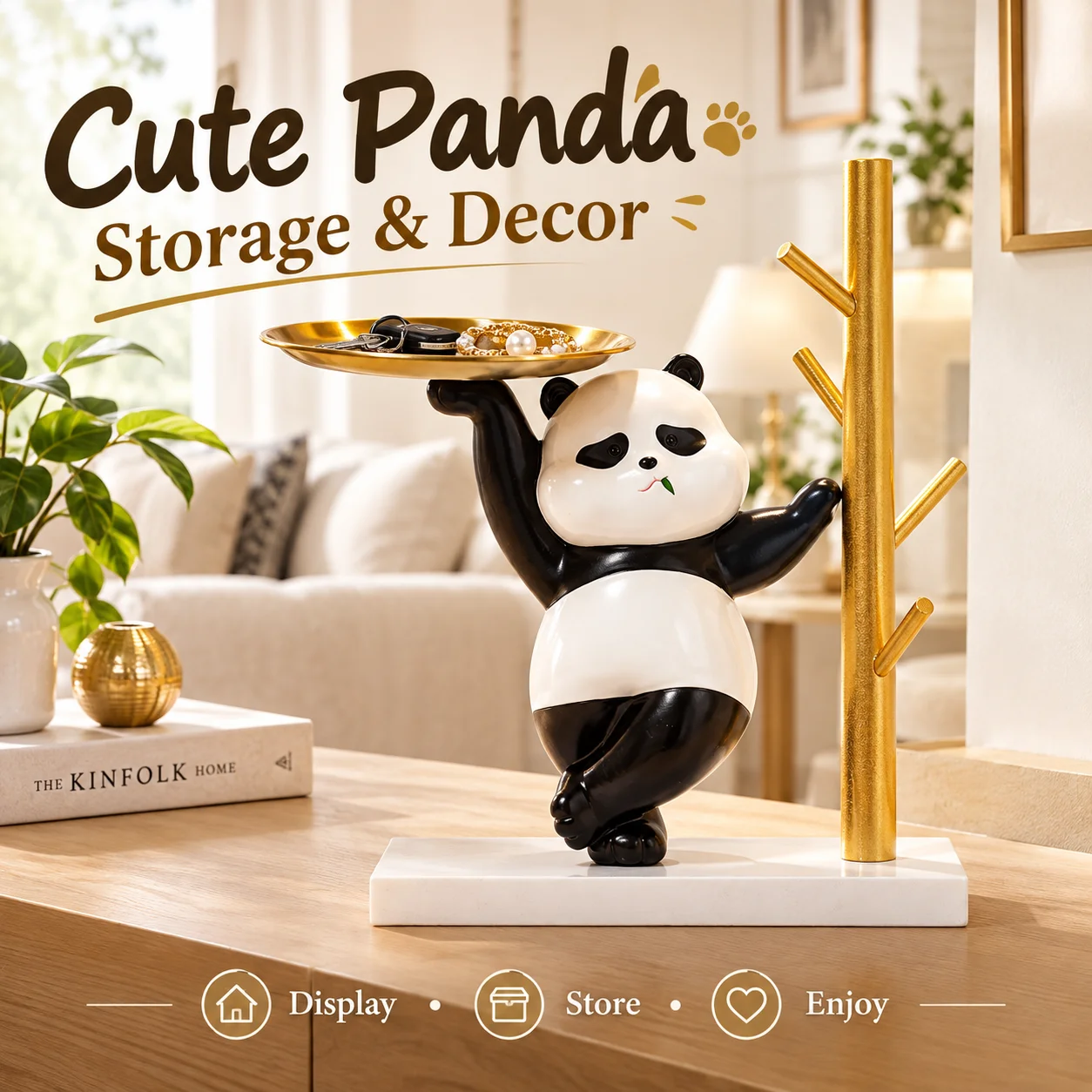Cute Panda Resin Statue with Storage Tray, Panda Figurine Table Decor, Key Jewelry Holder, Home Office Desk Decoration Gift