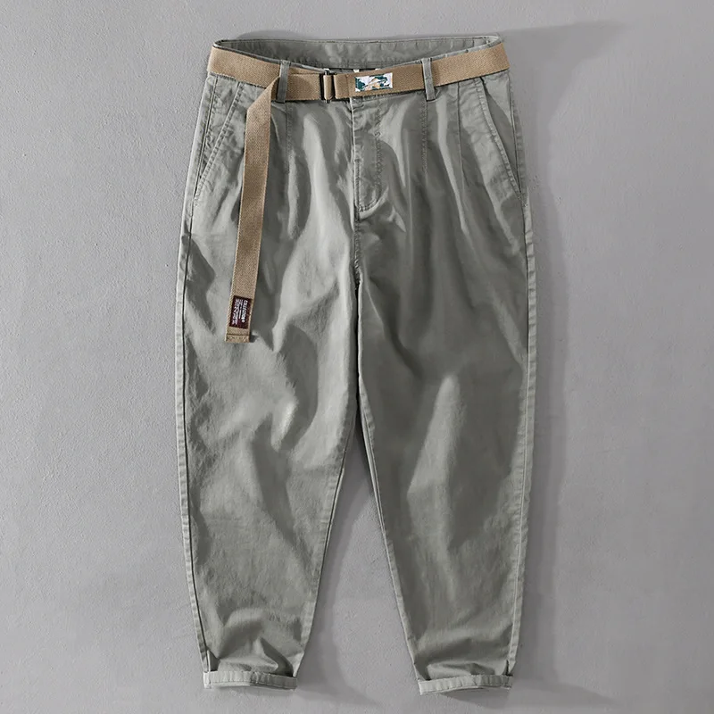 Men's Fashion Simple Cargo Ankle Length  Casual Pants Japan Style Good Quality Cotton Blended Loose Tapered Khaki Trousers