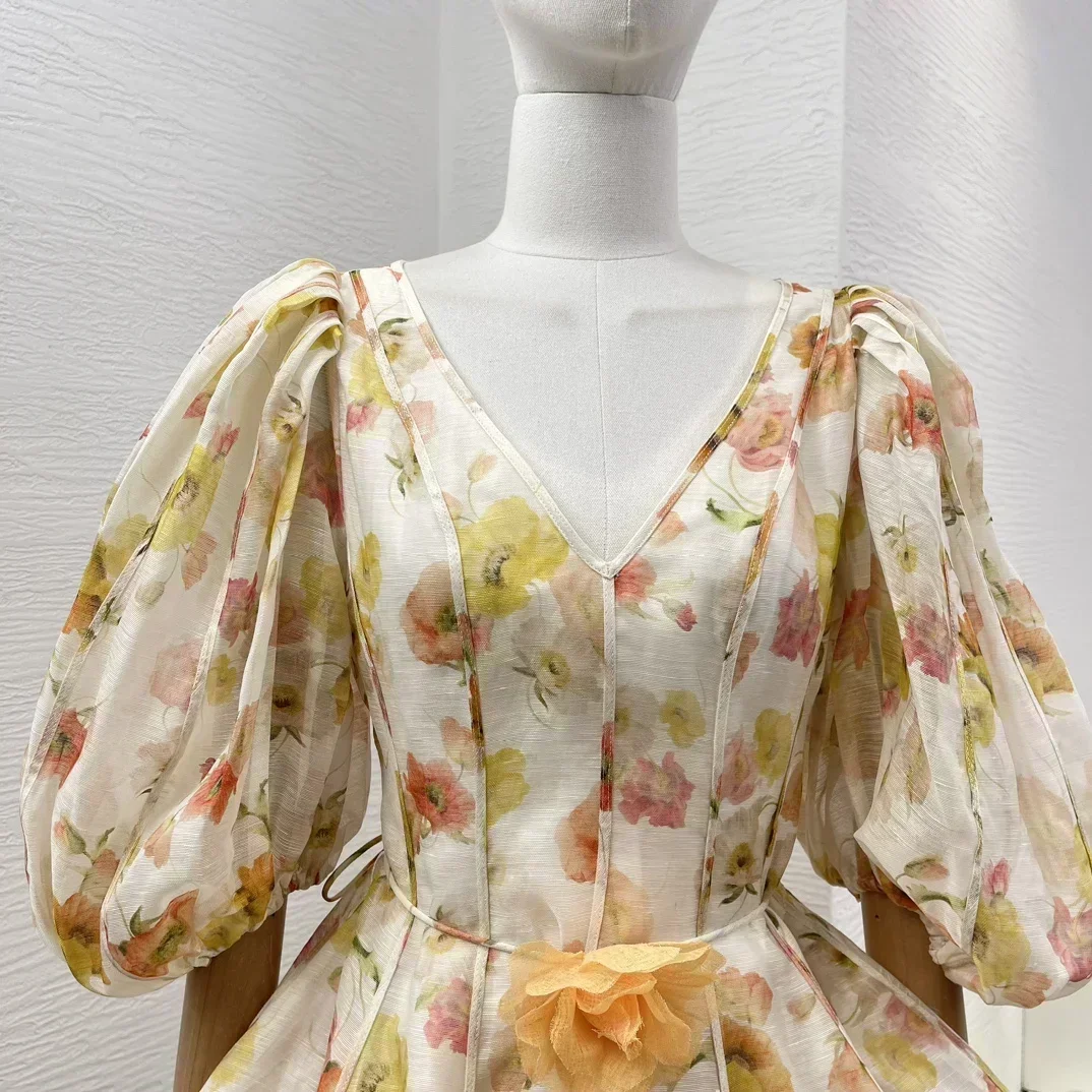 Mini robe en lin à manches courtes bouffantes, imprimé floral, qualité supérieure, nouveau, collection printemps 2024