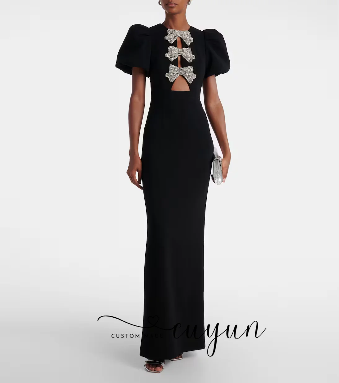 Suknia wieczorowa CUYUN, nowoczesna, czarna, syreni krój, długa do podłogi, na formalne przyjęcie, z krótkimi bufiastymi rękawami, sukienka w stylu saudyjskim, z kokardą.