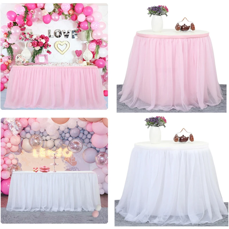 

6/8ft 10ft Pink Table Skirt Wedding Party Tutu Tulle Tableware Cloth Baby Shower Gender Reveal Unicorn Birthday Party Home Decor