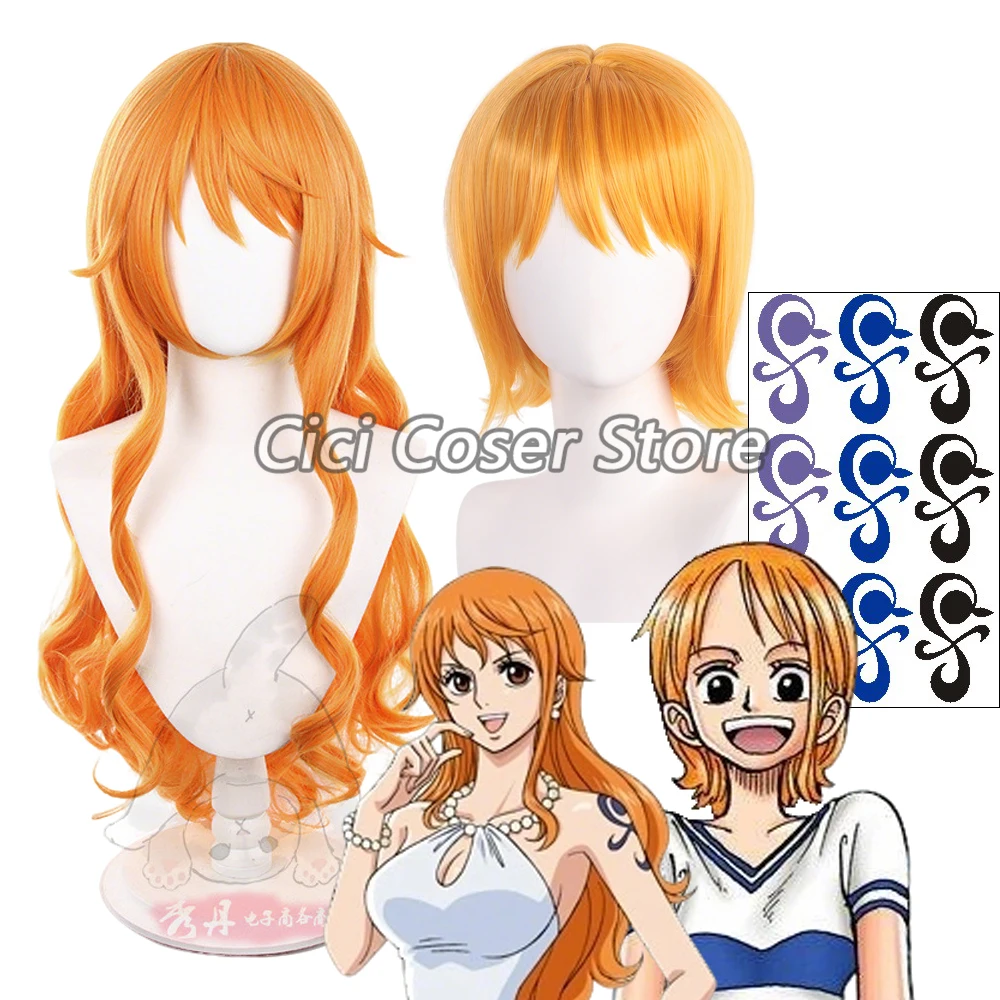 Peluca de Cosplay de Nami de One Piece, Anime Japonés, Pelo Naranja, Adhesivo de Tatuaje, para Mujer, Fiesta de Halloween, Pelucas Sintéticas Resistentes al Calor